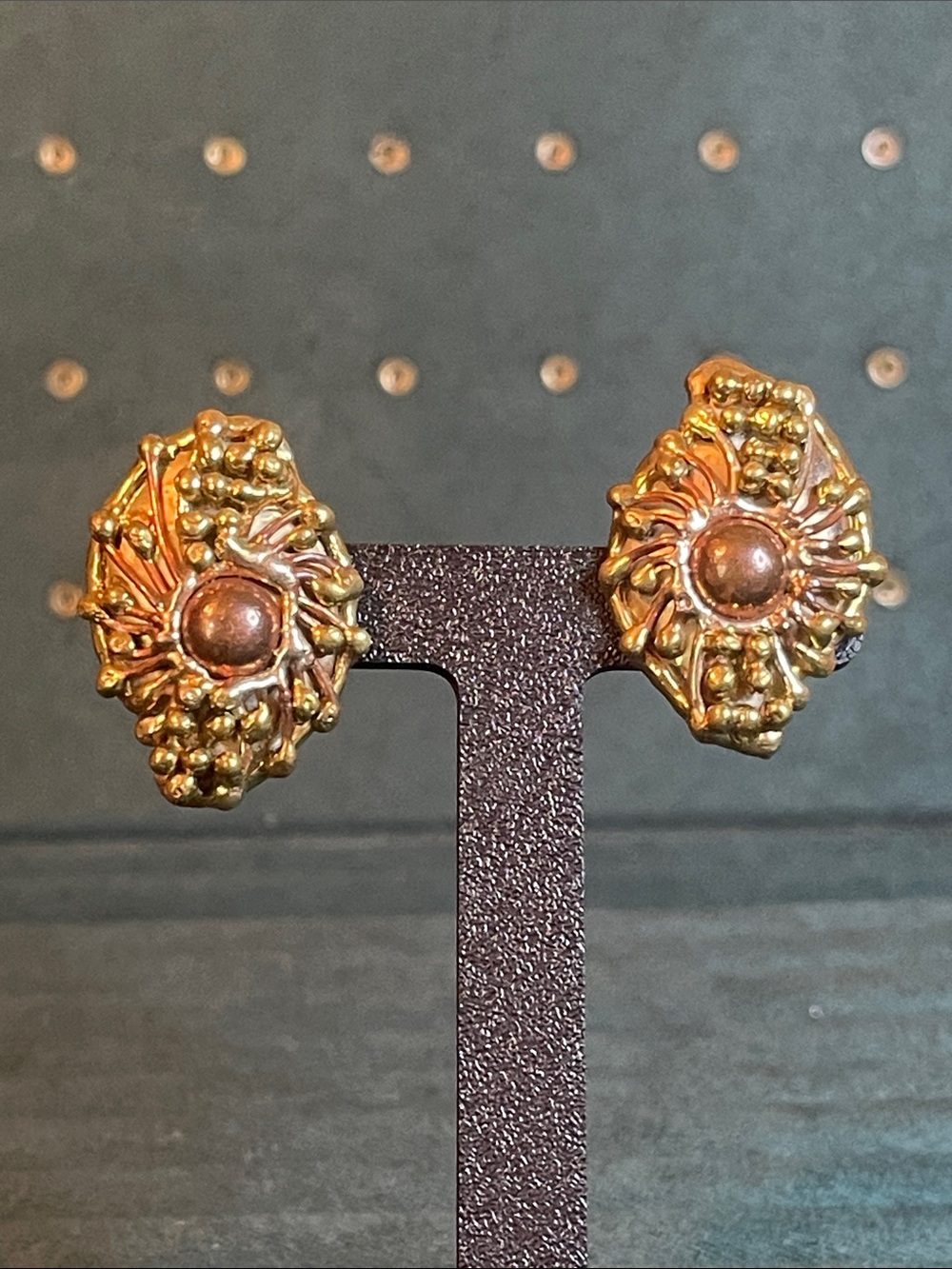 Vintage Mexican Brutalist Mixed Metal Statement Clip On Earrings